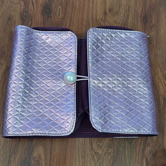 Benefit pink purple metallic cosmetic pouches with built in large mirror - Picture 2 of 5
